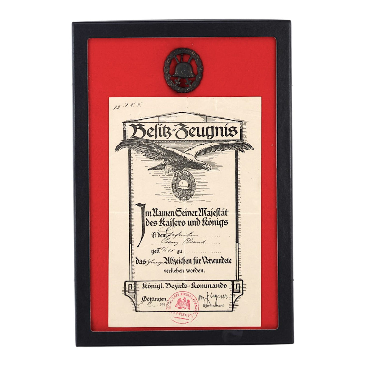 German WWI Black Wound Badge Grouping with Original Award Document | Gefreiter Franz Olvand