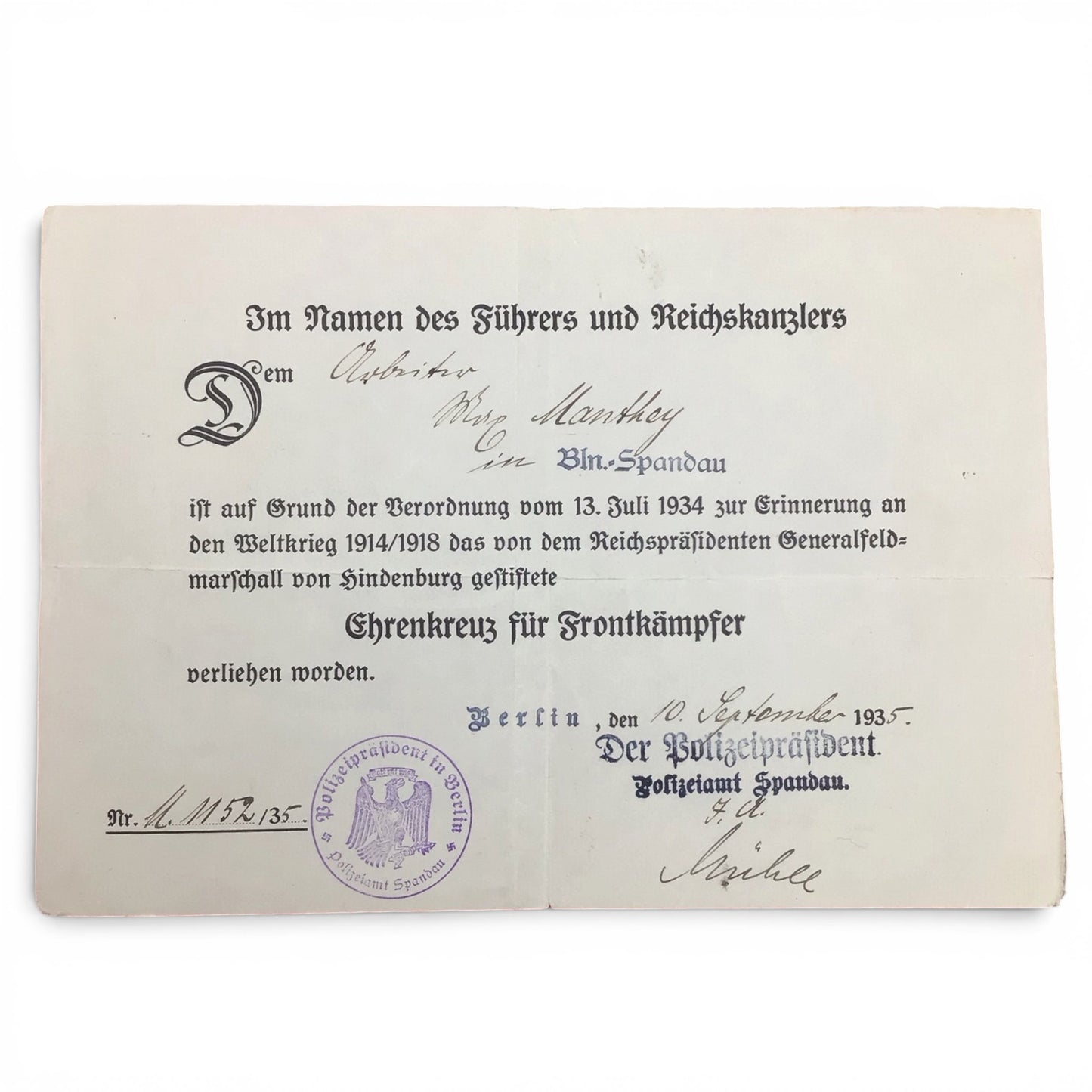 German WWI Hindenburg Honor Cross Grouping with Award Document, Police-Issued ID & Photograph | Max Manthey
