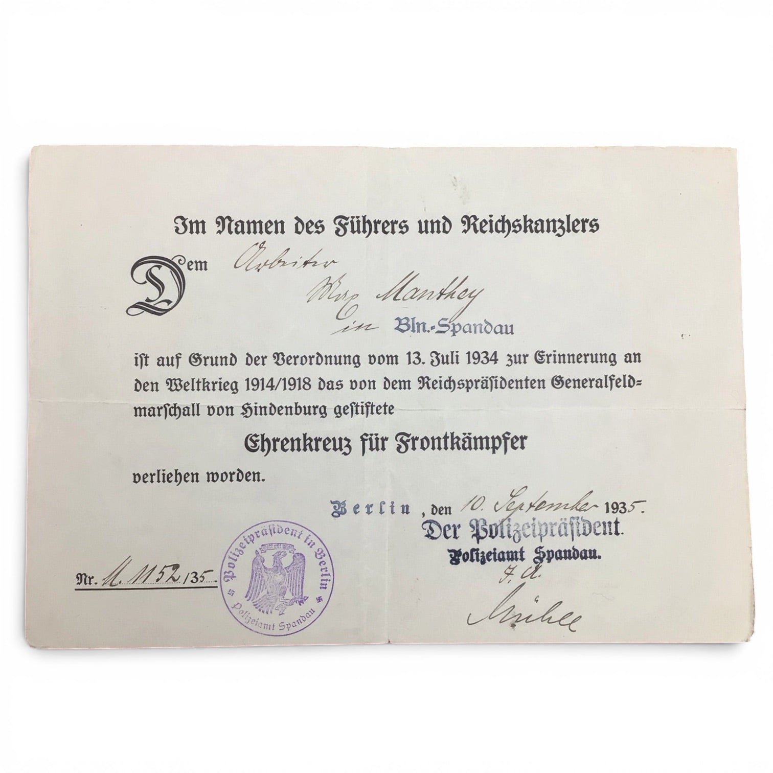 German WWI Hindenburg Honor Cross Grouping with Award Document, Police-Issued ID & Photograph | Max Manthey