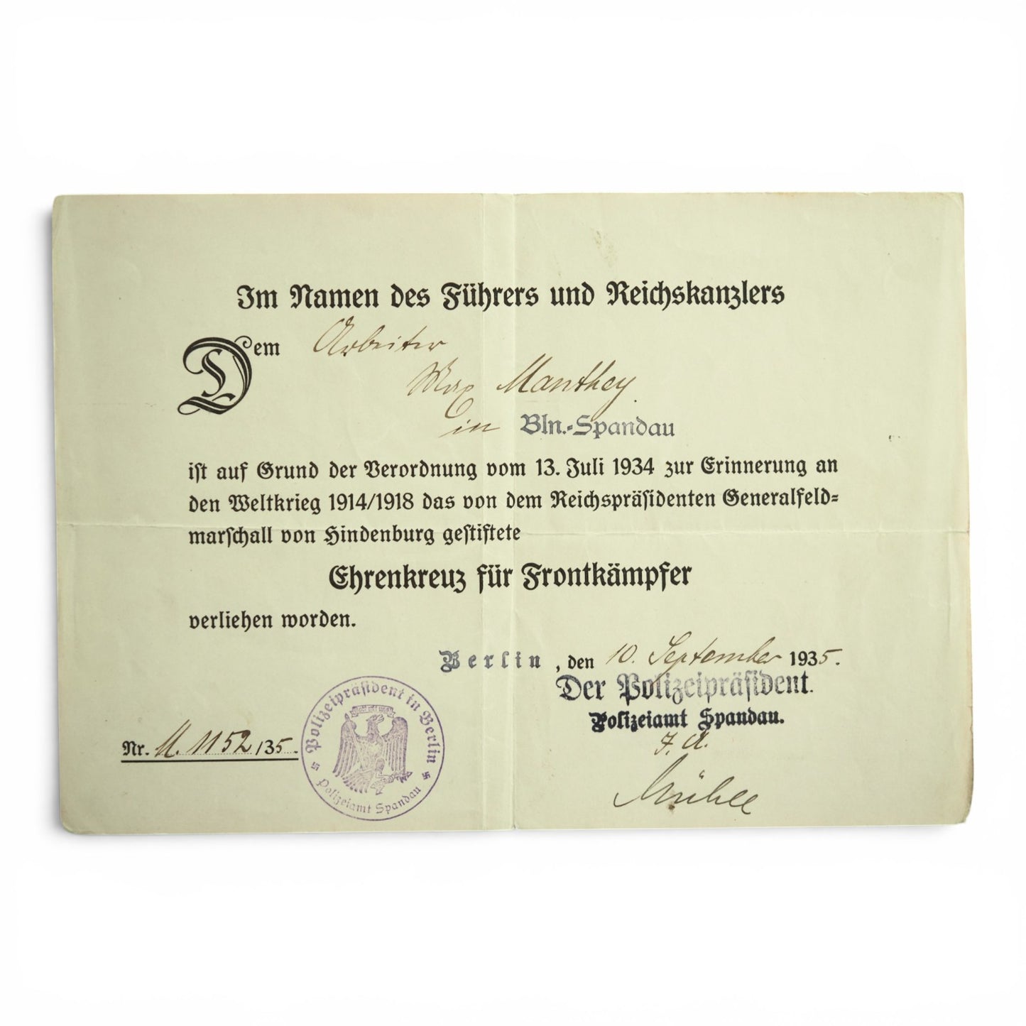 German WWI Hindenburg Honor Cross Grouping with Award Document, Police-Issued ID & Photograph | Max Manthey