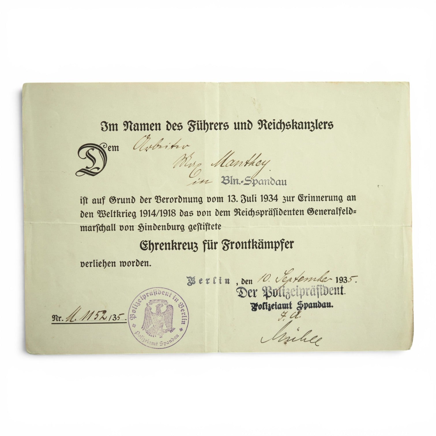 German WWI Hindenburg Honor Cross Grouping with Award Document, Police-Issued ID & Photograph | Max Manthey