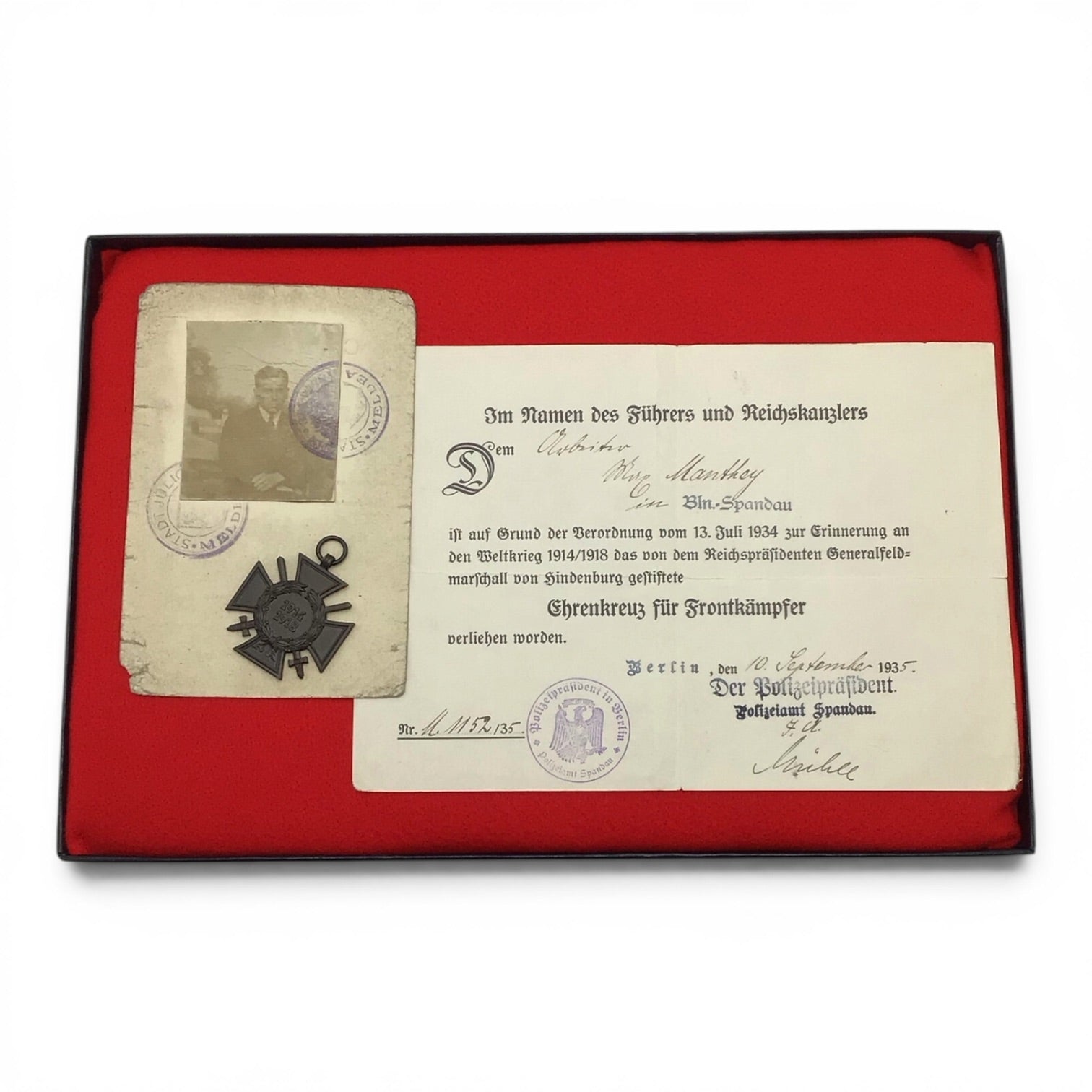 German WWI Hindenburg Honor Cross Grouping with Award Document, Police-Issued ID & Photograph | Max Manthey