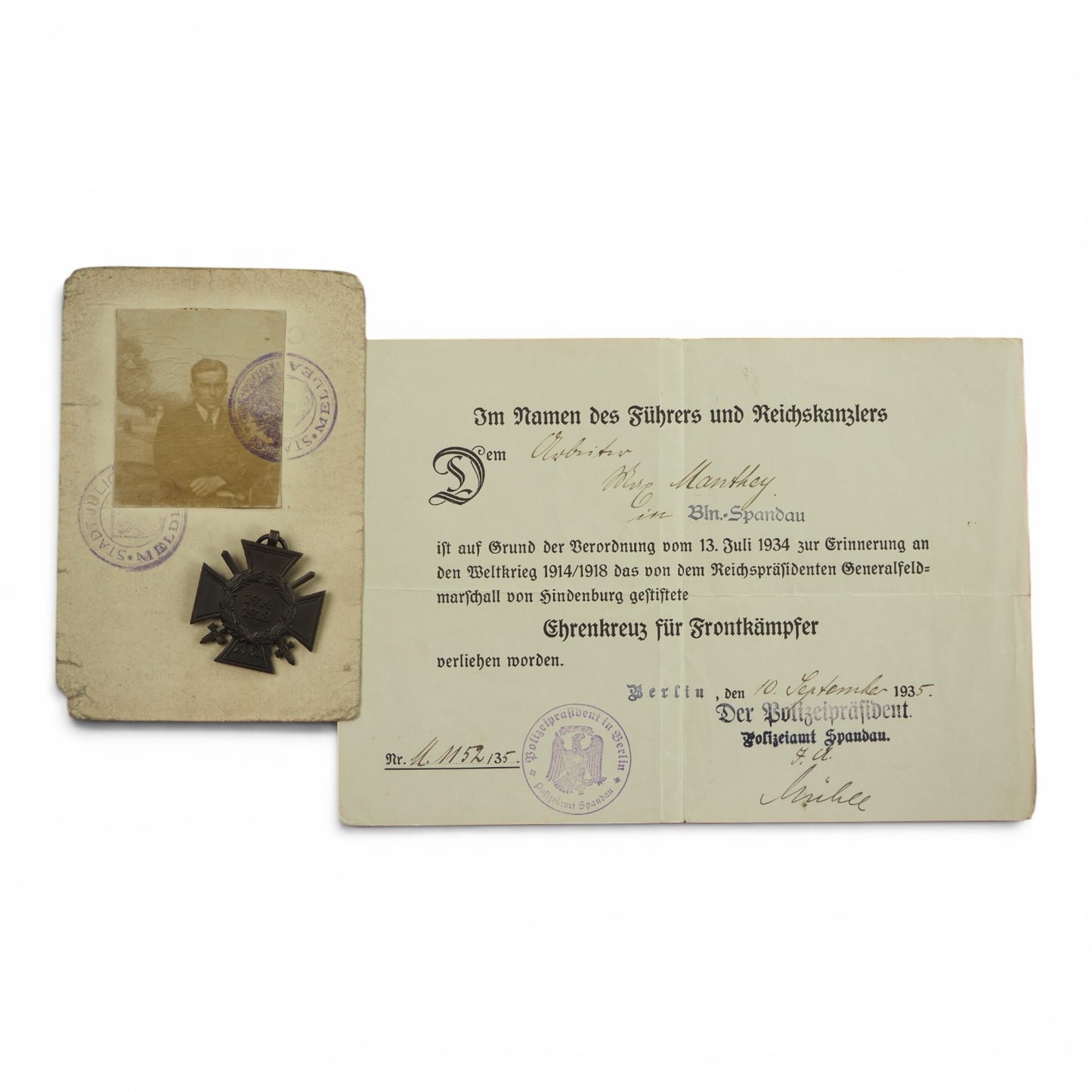 German WWI Hindenburg Honor Cross Grouping with Award Document, Police-Issued ID & Photograph | Max Manthey