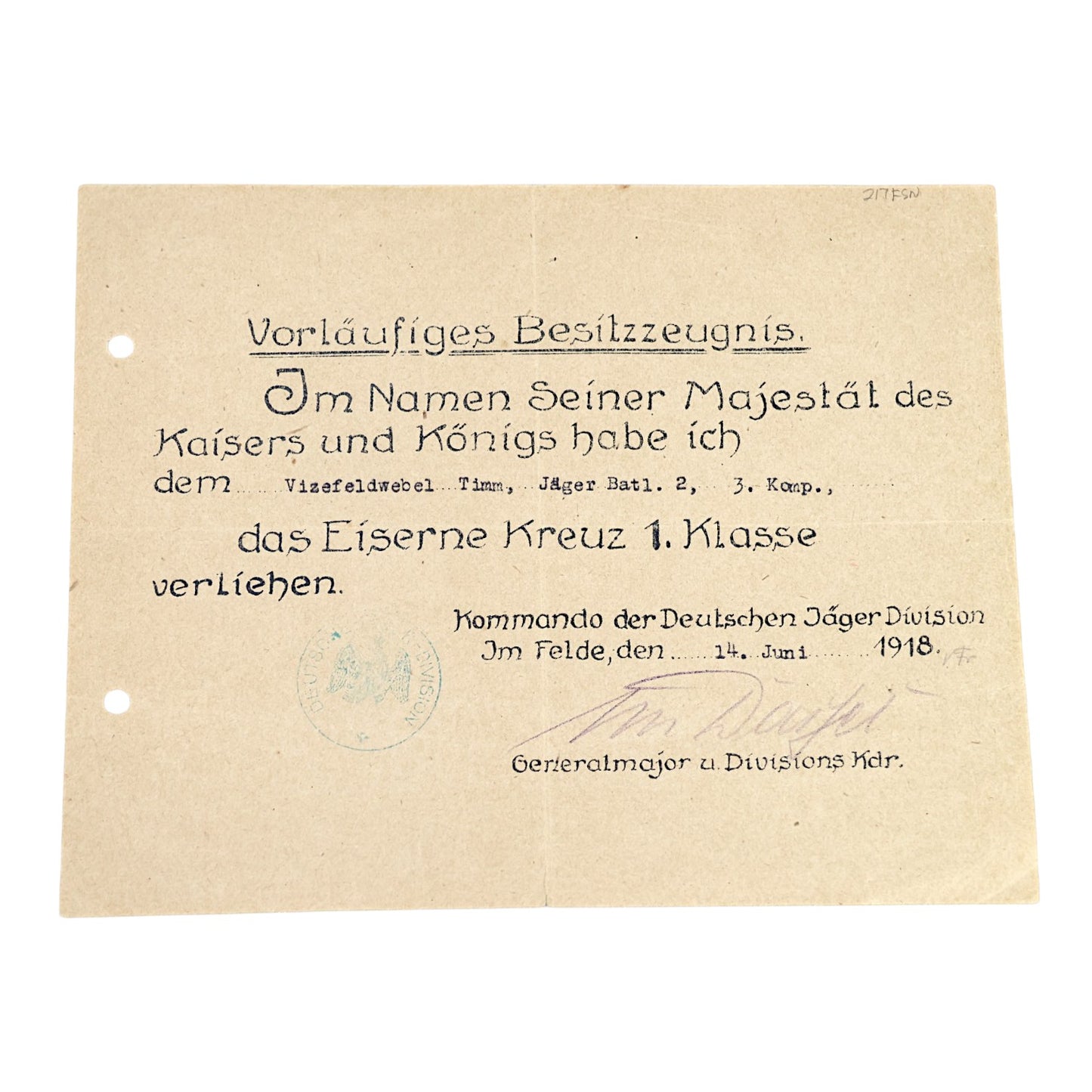 German WWI Iron Cross 1st Class Grouping with Named Award Document, Johannes von Dassel Signed