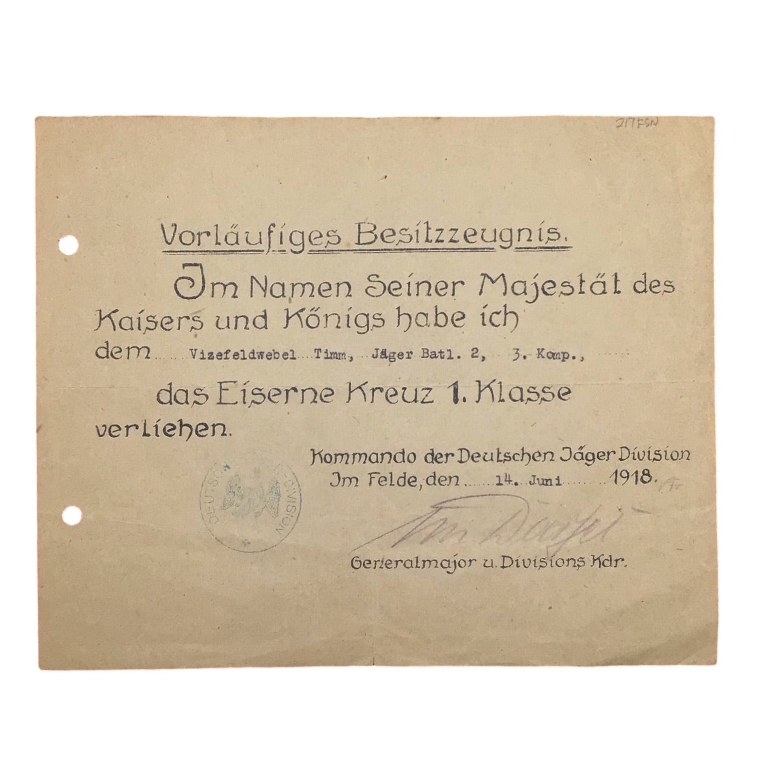 German WWI Iron Cross 1st Class Grouping with Named Award Document | Johannes von Dassel Signed