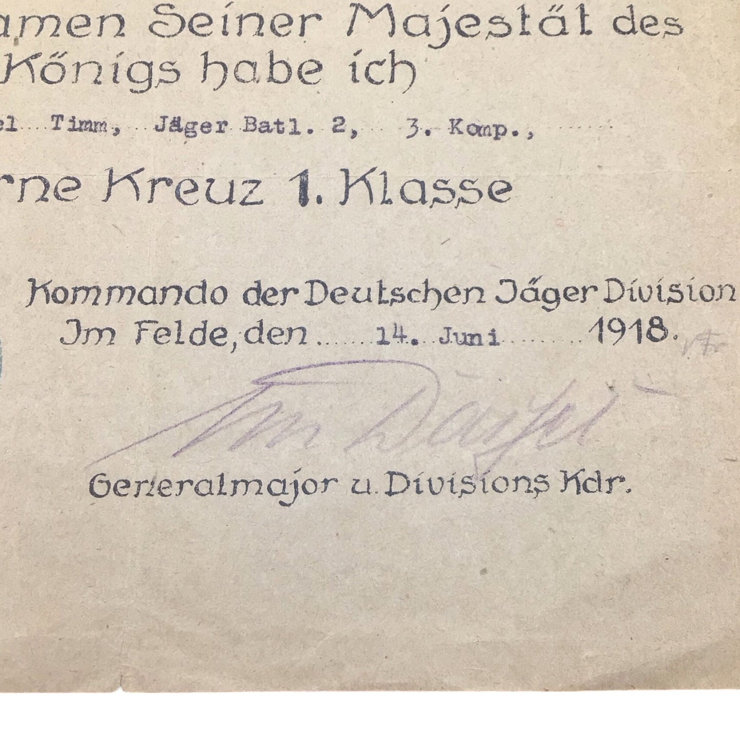 German WWI Iron Cross 1st Class Grouping with Named Award Document | Johannes von Dassel Signed