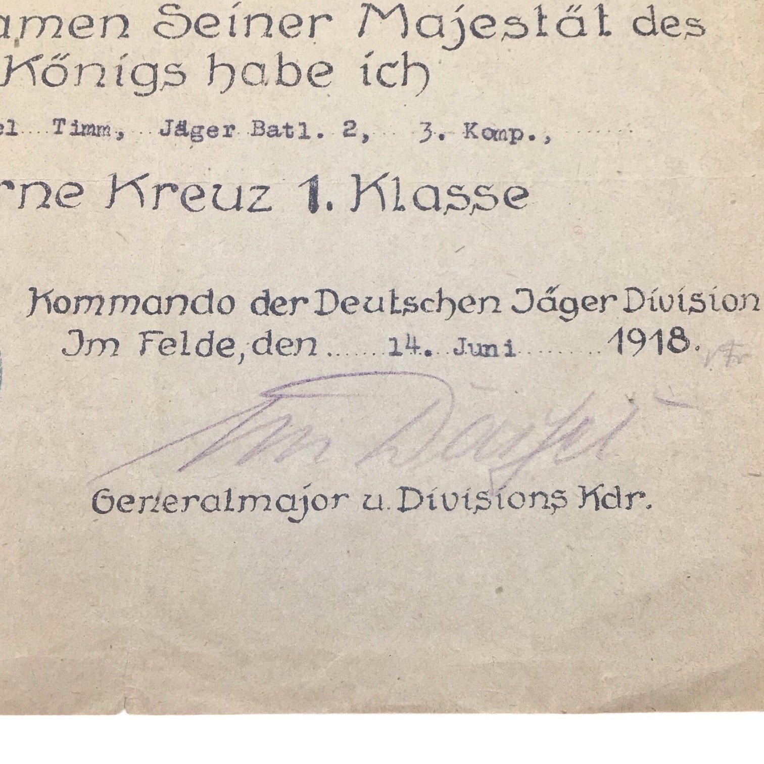 German WWI Iron Cross 1st Class Grouping with Named Award Document | Johannes von Dassel Signed