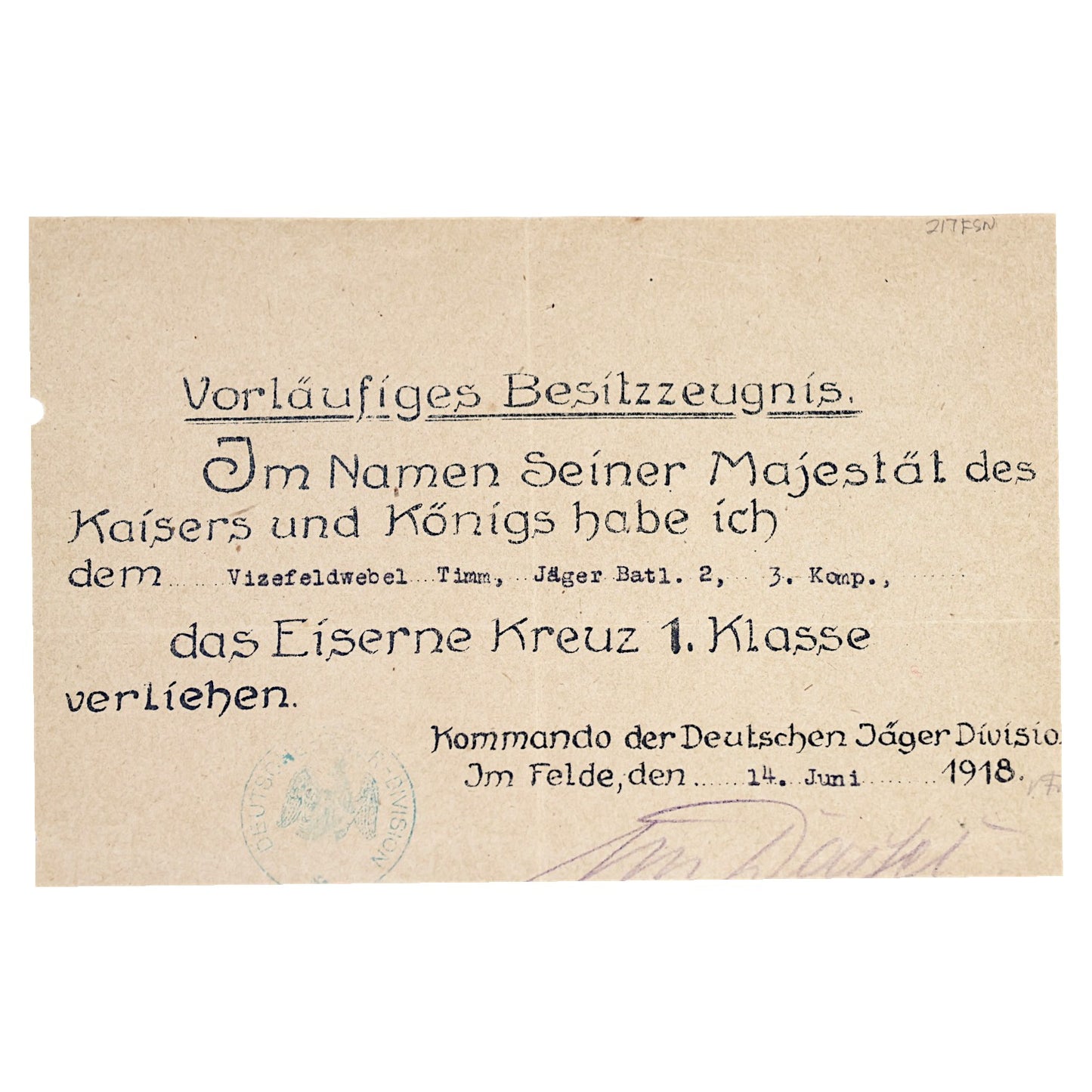 German WWI Iron Cross 1st Class Grouping with Named Award Document, Johannes von Dassel Signed