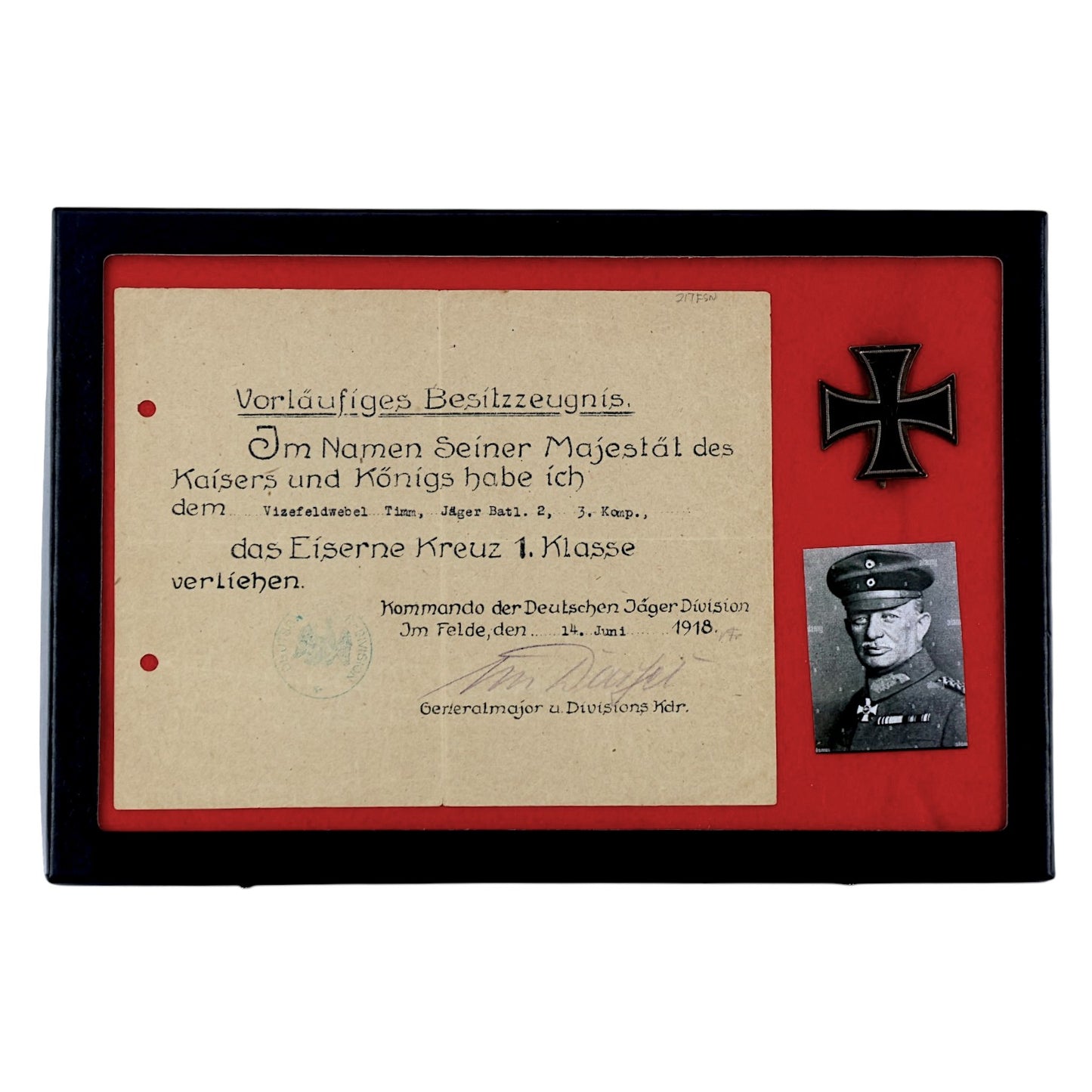 German WWI Iron Cross 1st Class Grouping with Named Award Document, Johannes von Dassel Signed
