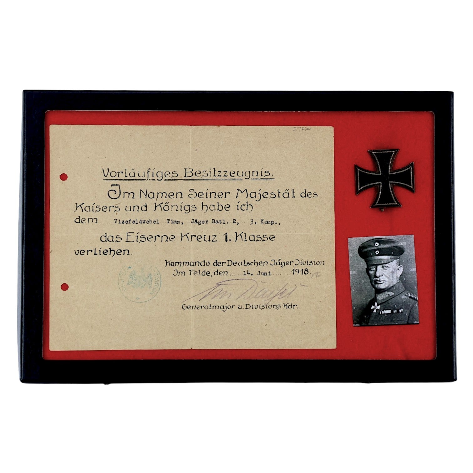 German WWI Iron Cross 1st Class Grouping with Named Award Document, Johannes von Dassel Signed