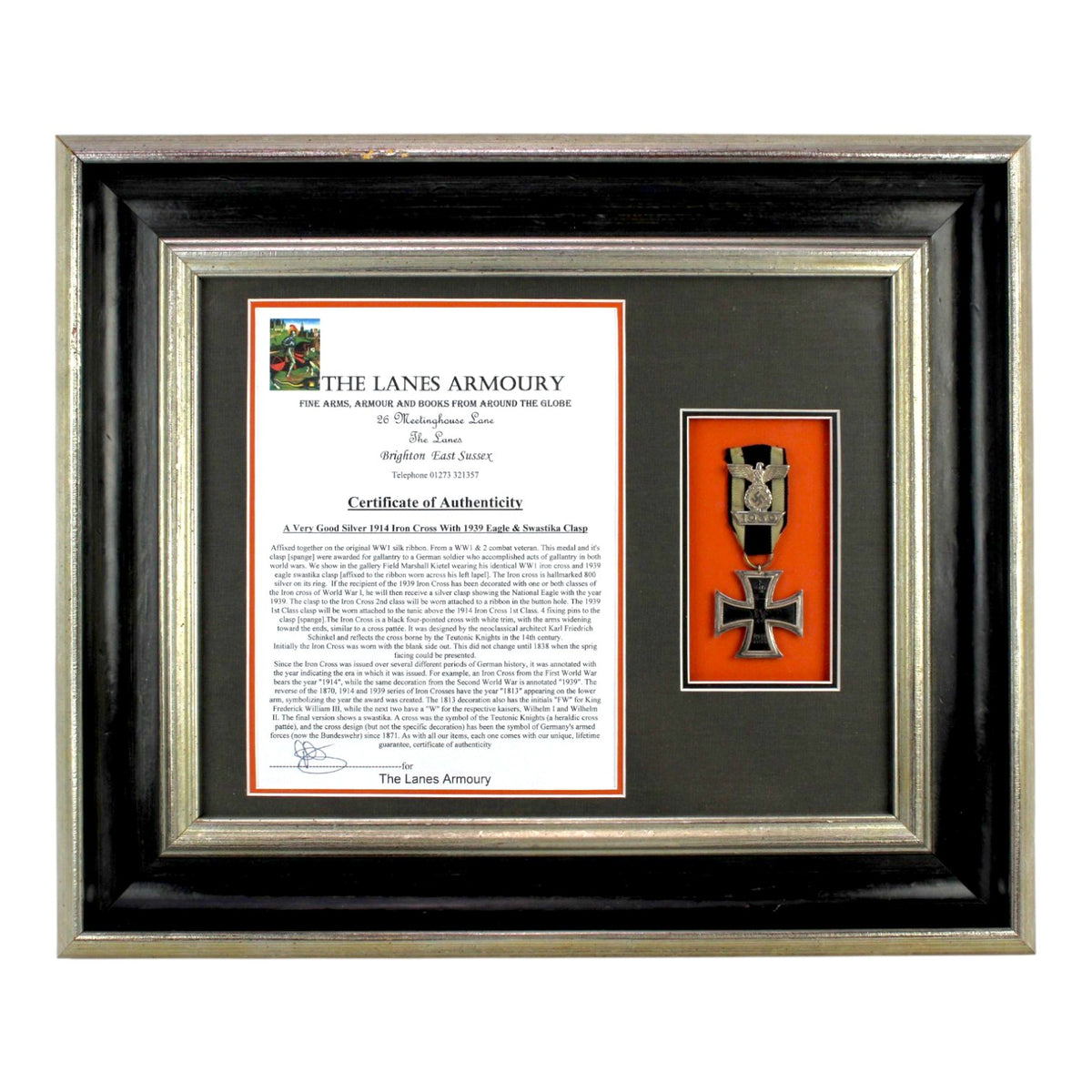 German WWI Iron Cross with WWII 1939 Spange, Framed with COA