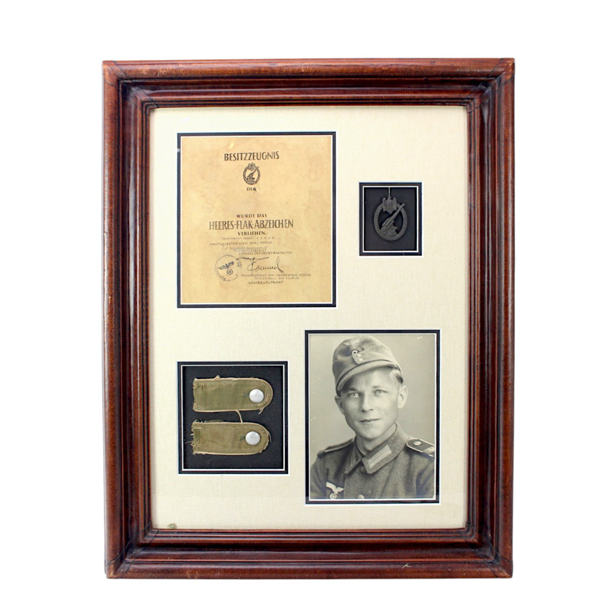 German WWII Afrika Korps Officer Grouping | Rommel-Signed Flak Badge Award Document, Shoulder Boards & Photograph