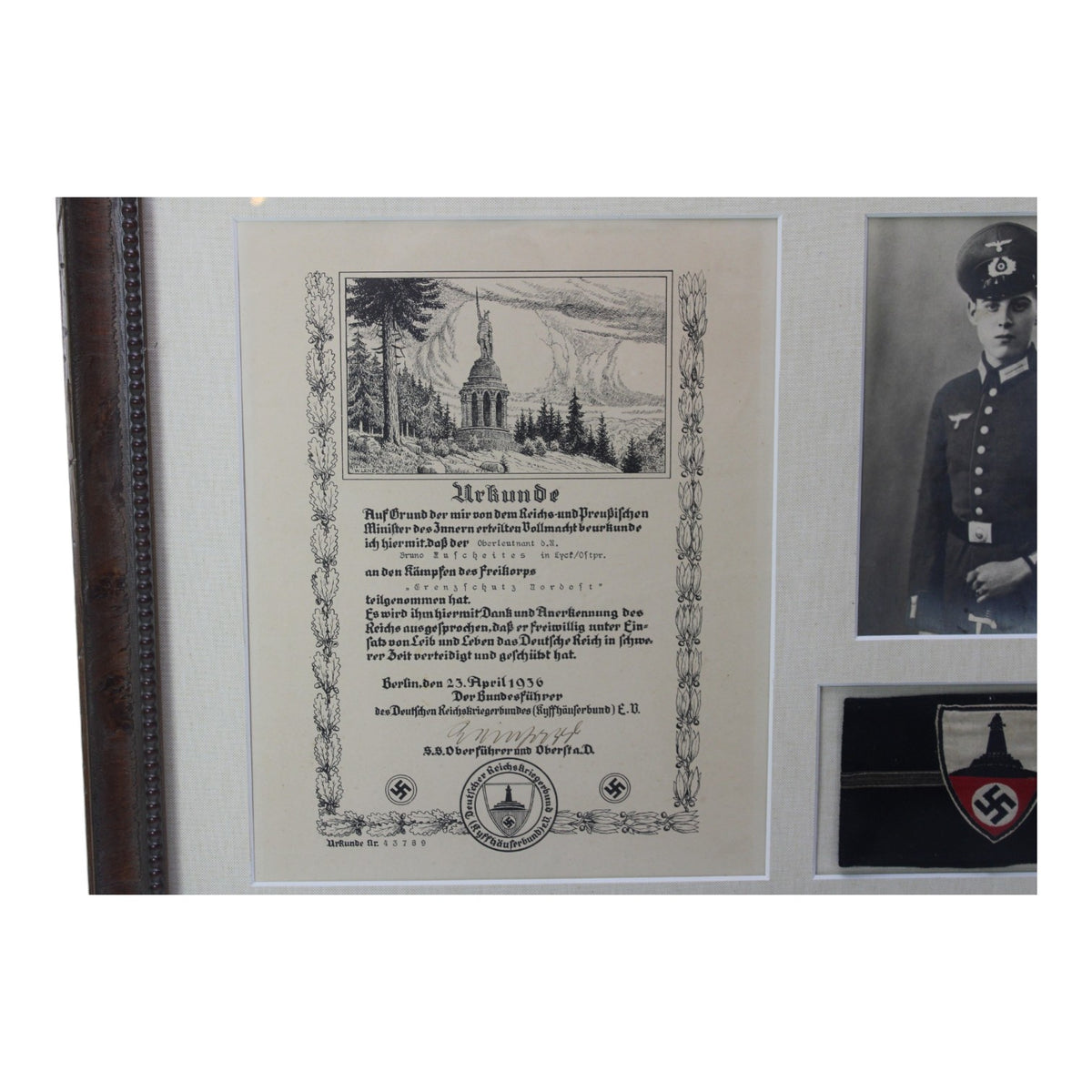 German WWII Kyffhäuserbund Veteran Grouping | Rare Officer Armband, Photograph & Signed Freikorps Certificate