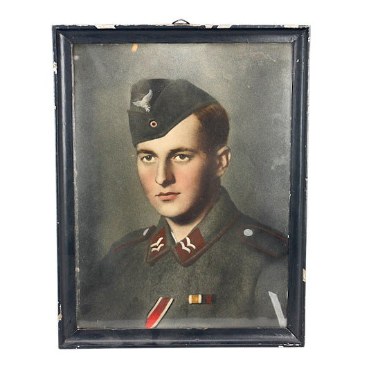German WWII Luftwaffe NCO Colorized 1944 Portrait | Eastern Front & Anzio Newspaper Backing | Period Framed