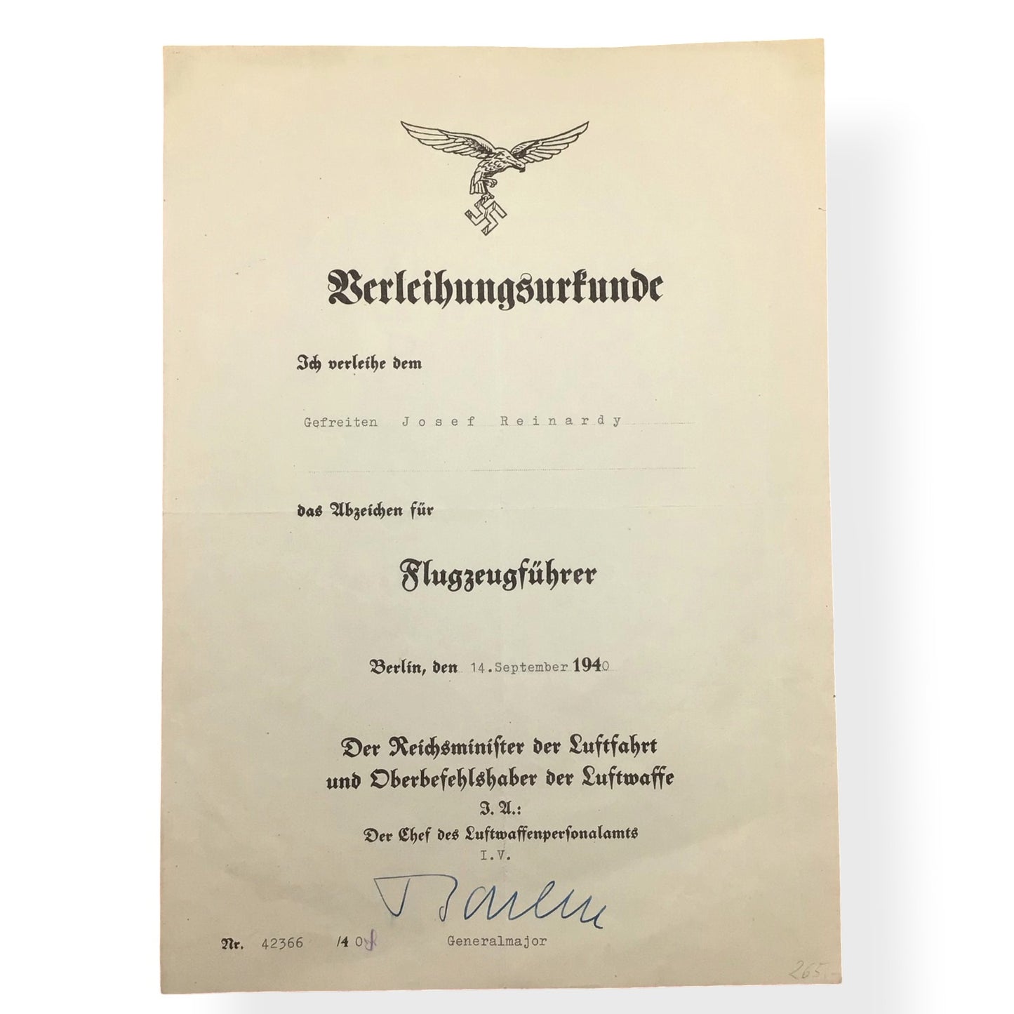 German WWII Luftwaffe Pilot Badge Grouping to Lt. Josef Reinardy, KIA Ace Recon Pilot | BSW Marked with Award Document