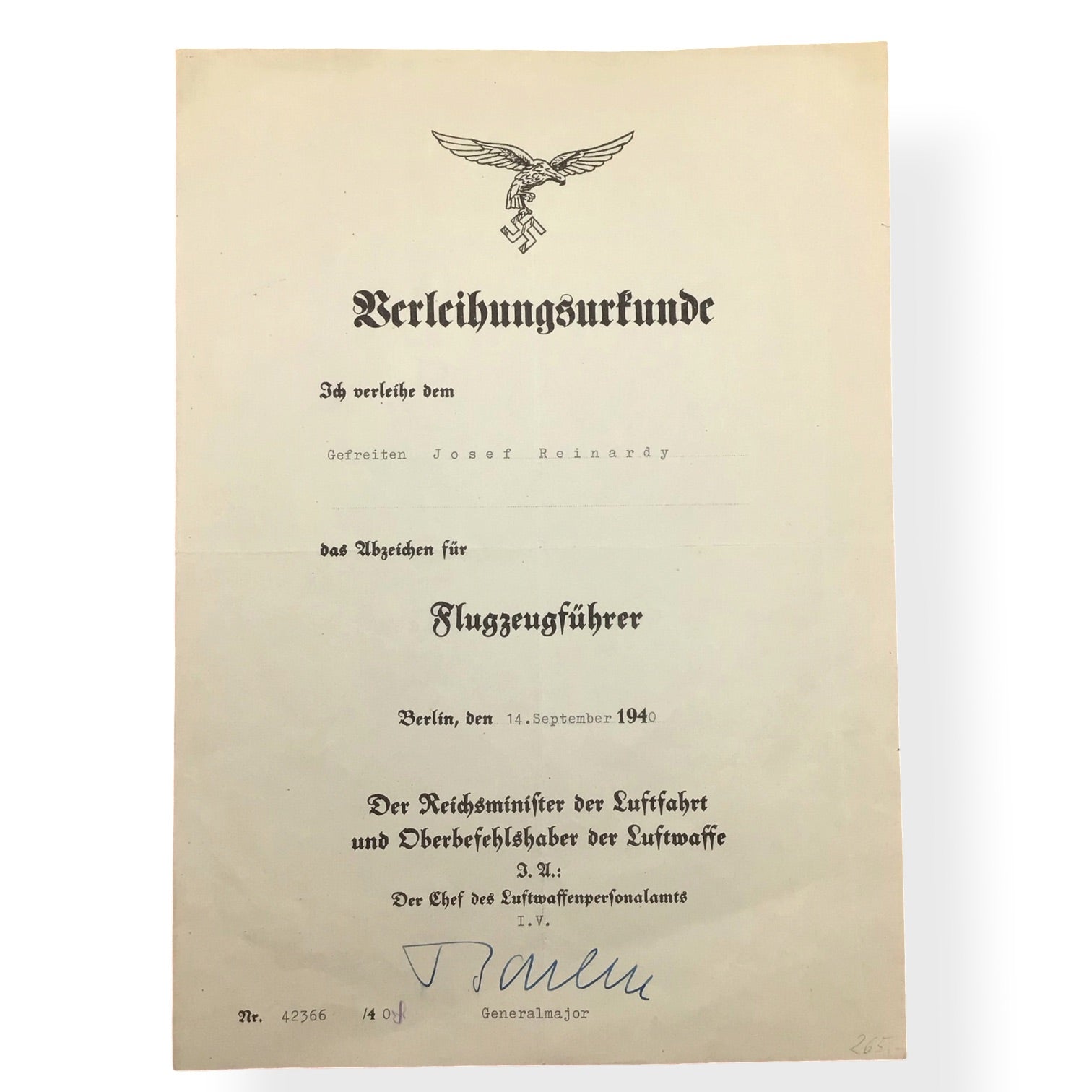 German WWII Luftwaffe Pilot Badge Grouping to Lt. Josef Reinardy, KIA Ace Recon Pilot | BSW Marked with Award Document
