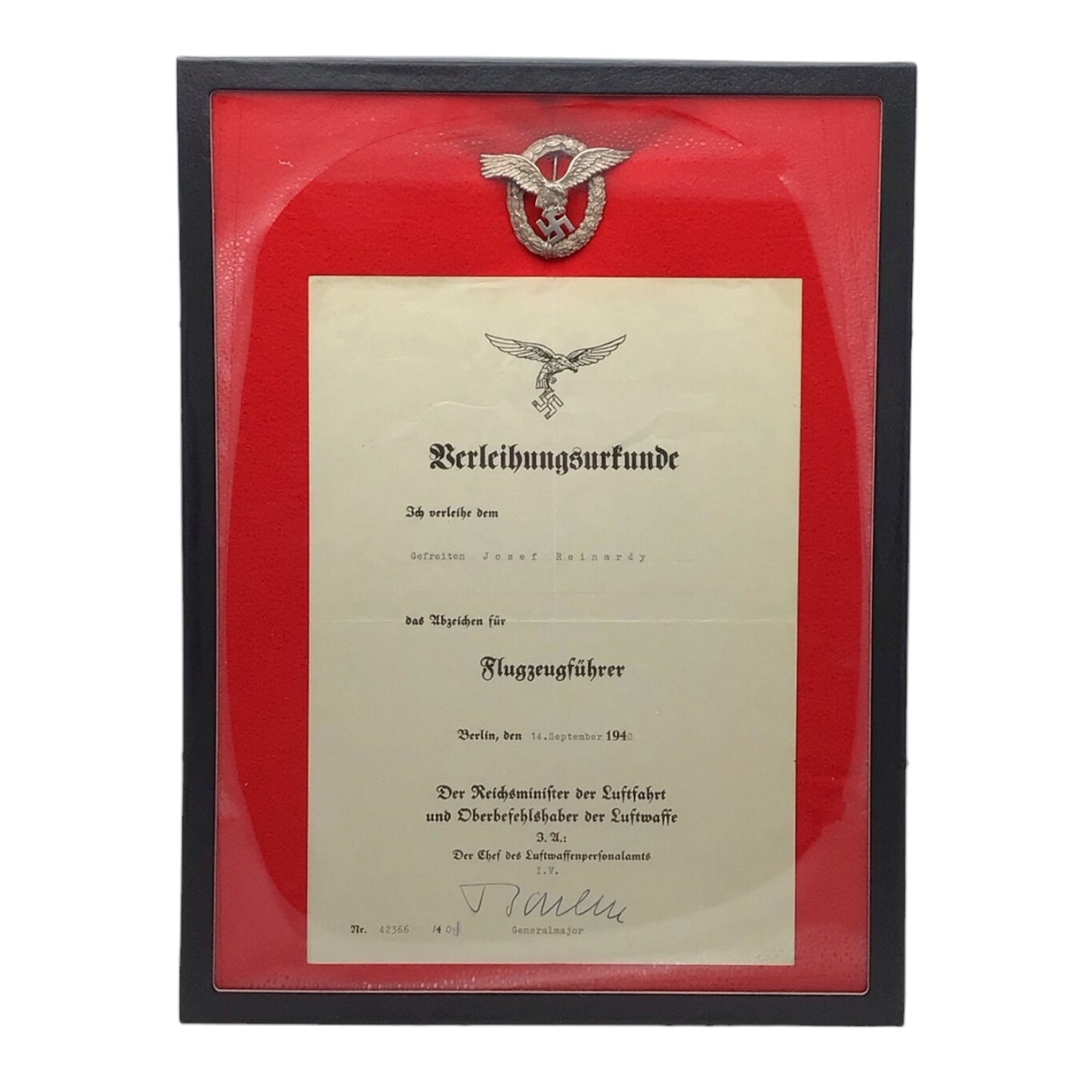 German WWII Luftwaffe Pilot Badge Grouping to Lt. Josef Reinardy, KIA Ace Recon Pilot | BSW Marked with Award Document