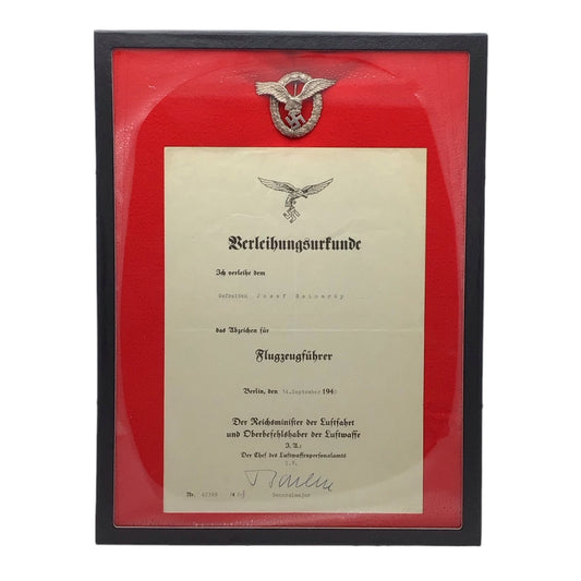 German WWII Luftwaffe Pilot Badge Grouping to Lt. Josef Reinardy, KIA Ace Recon Pilot | BSW Marked with Award Document