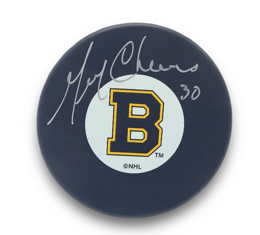 Gerry Cheevers Autographed Boston Bruins Hockey Puck in Display Holder