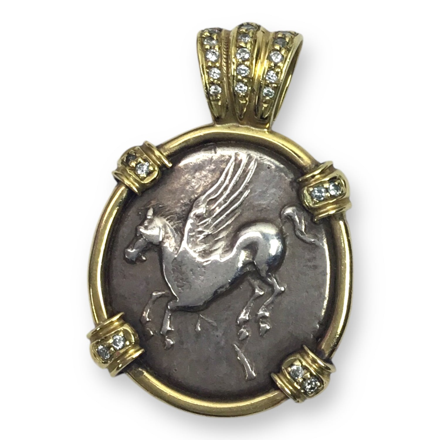 Greek Coin Pendant in 18KT Gold with Diamonds – Pegasus & Athena
