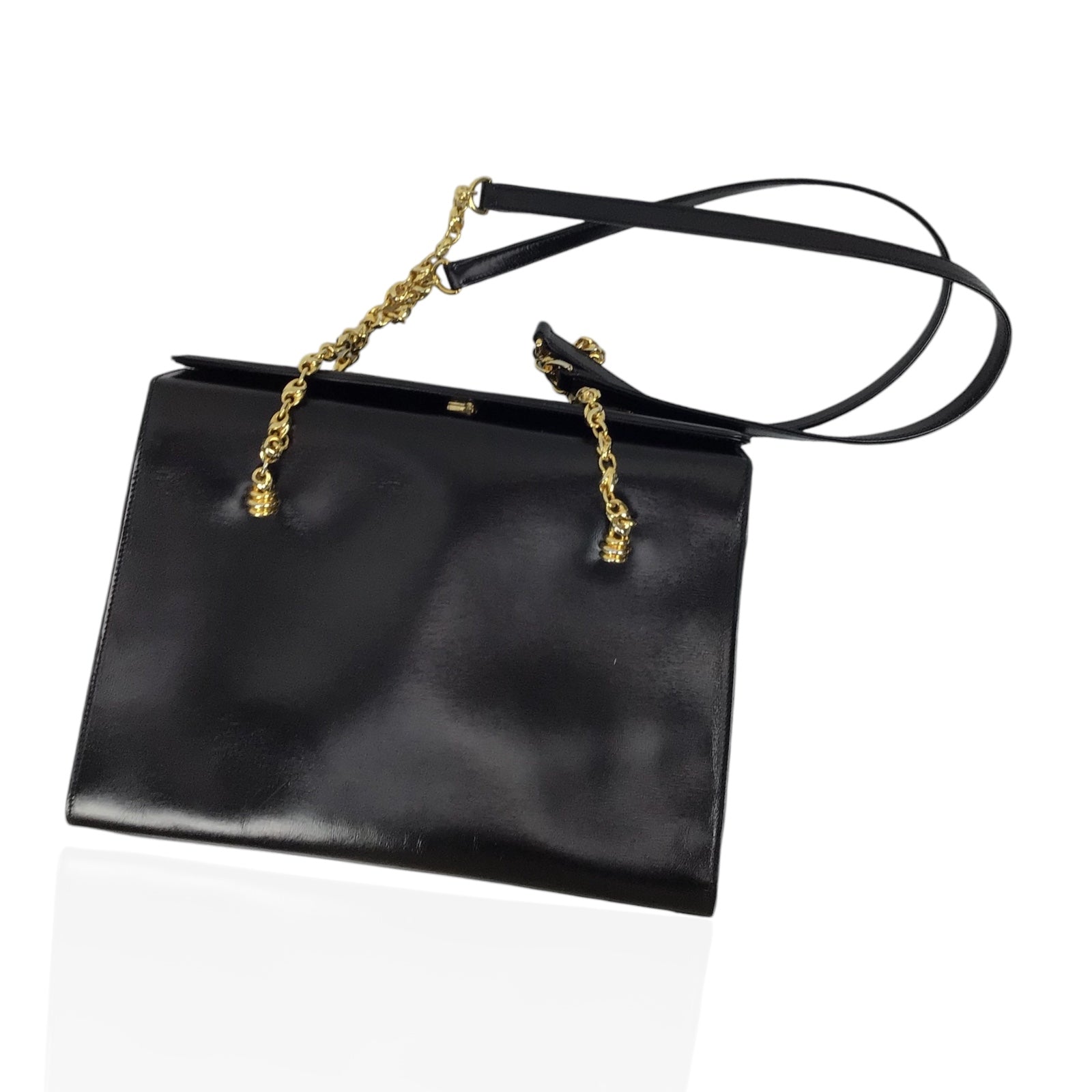 Gucci Black Calfskin Leather Handbag w/ Gold and Leather Straps