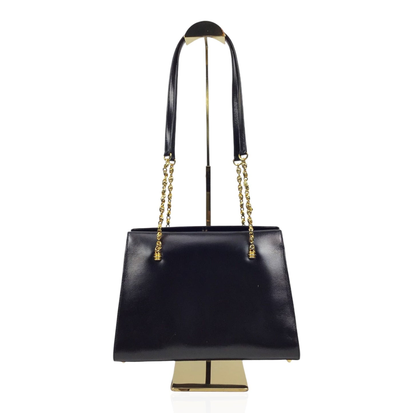 Gucci Black Calfskin Leather Handbag w/ Gold and Leather Straps