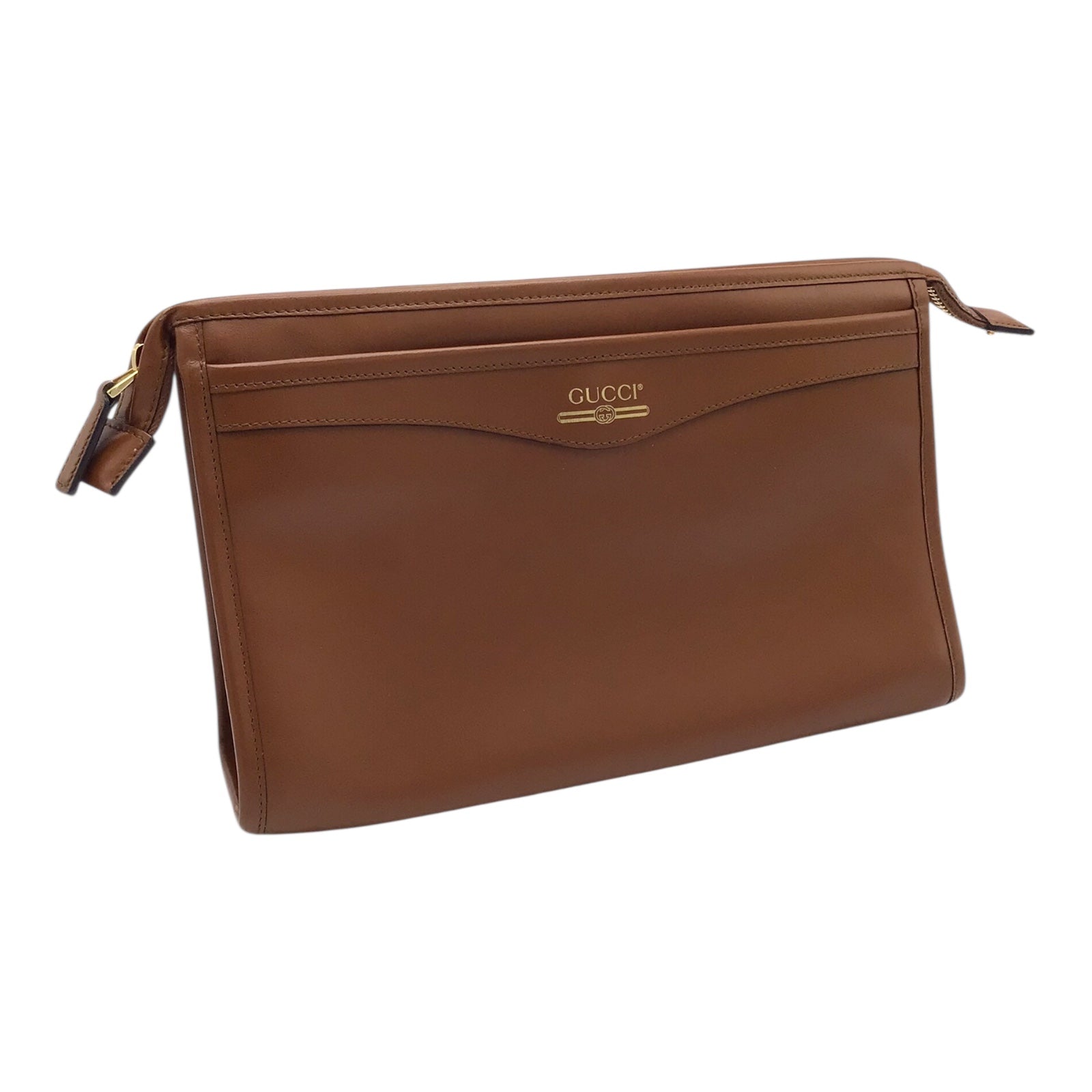 Gucci Brown Calfskin Leather Clutch with Gold Vintage Logo