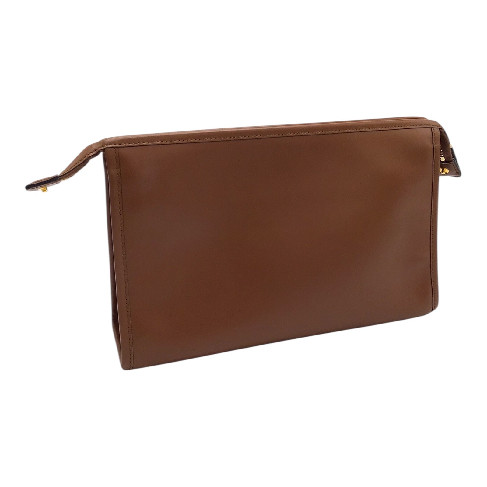 Gucci Brown Calfskin Leather Clutch with Gold Vintage Logo