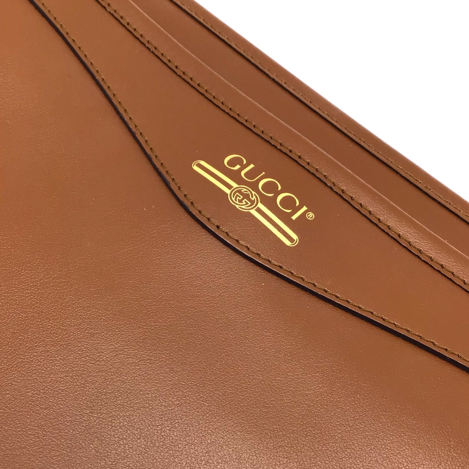 Gucci Brown Calfskin Leather Clutch with Gold Vintage Logo
