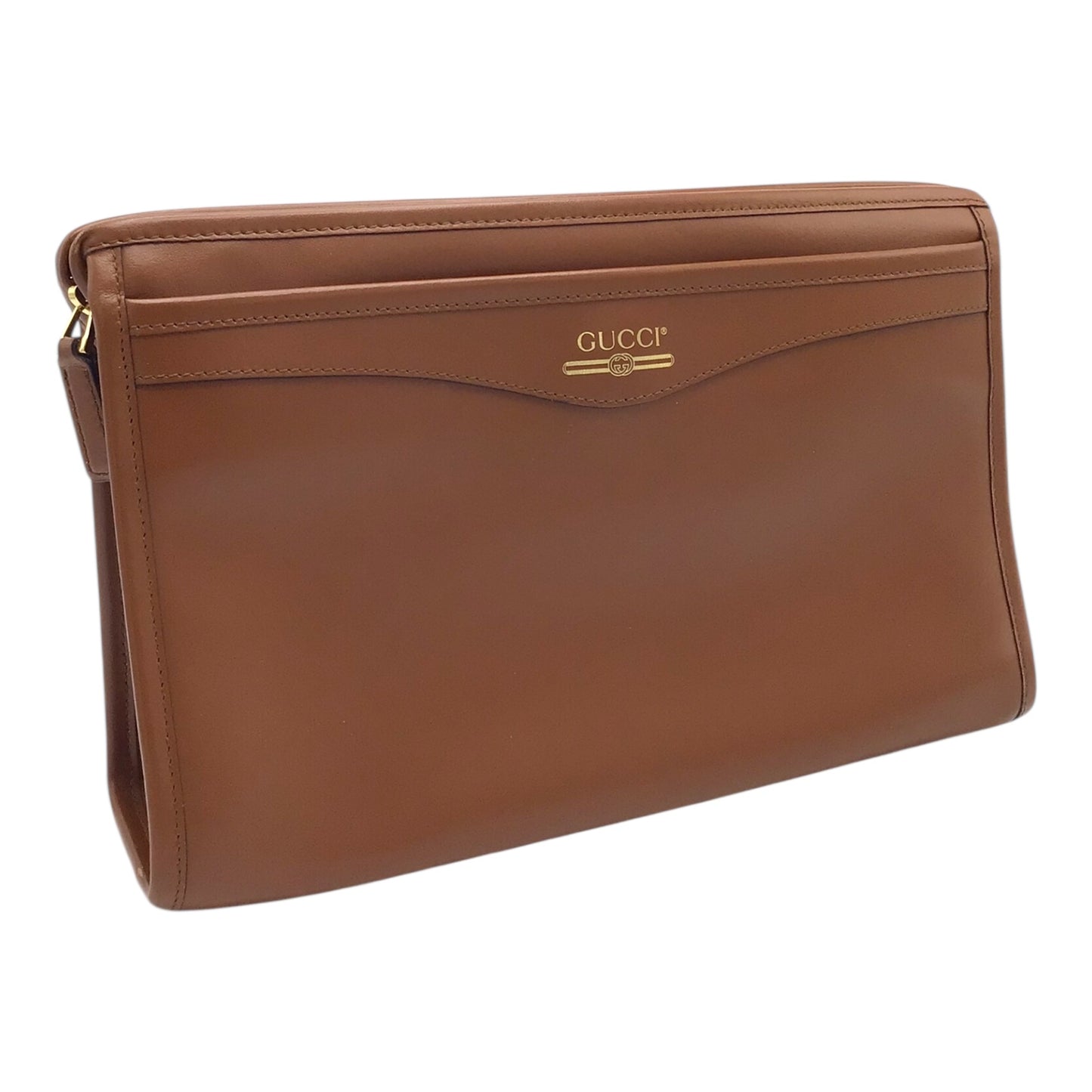 Gucci Brown Calfskin Leather Clutch with Gold Vintage Logo