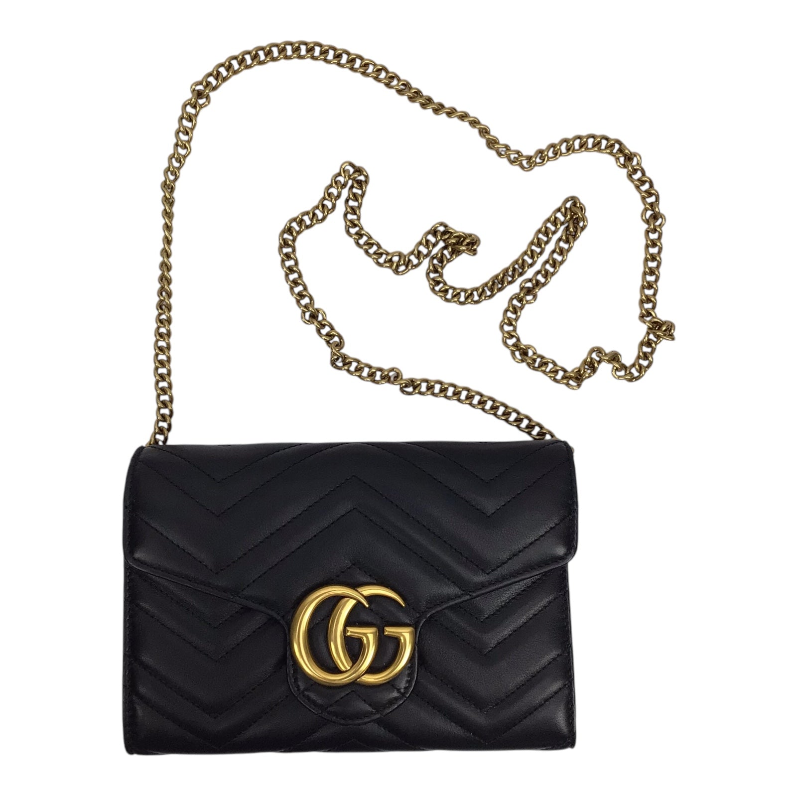 Gucci GG Marmont Black Quilted Chain Wallet w/Gold Hardware
