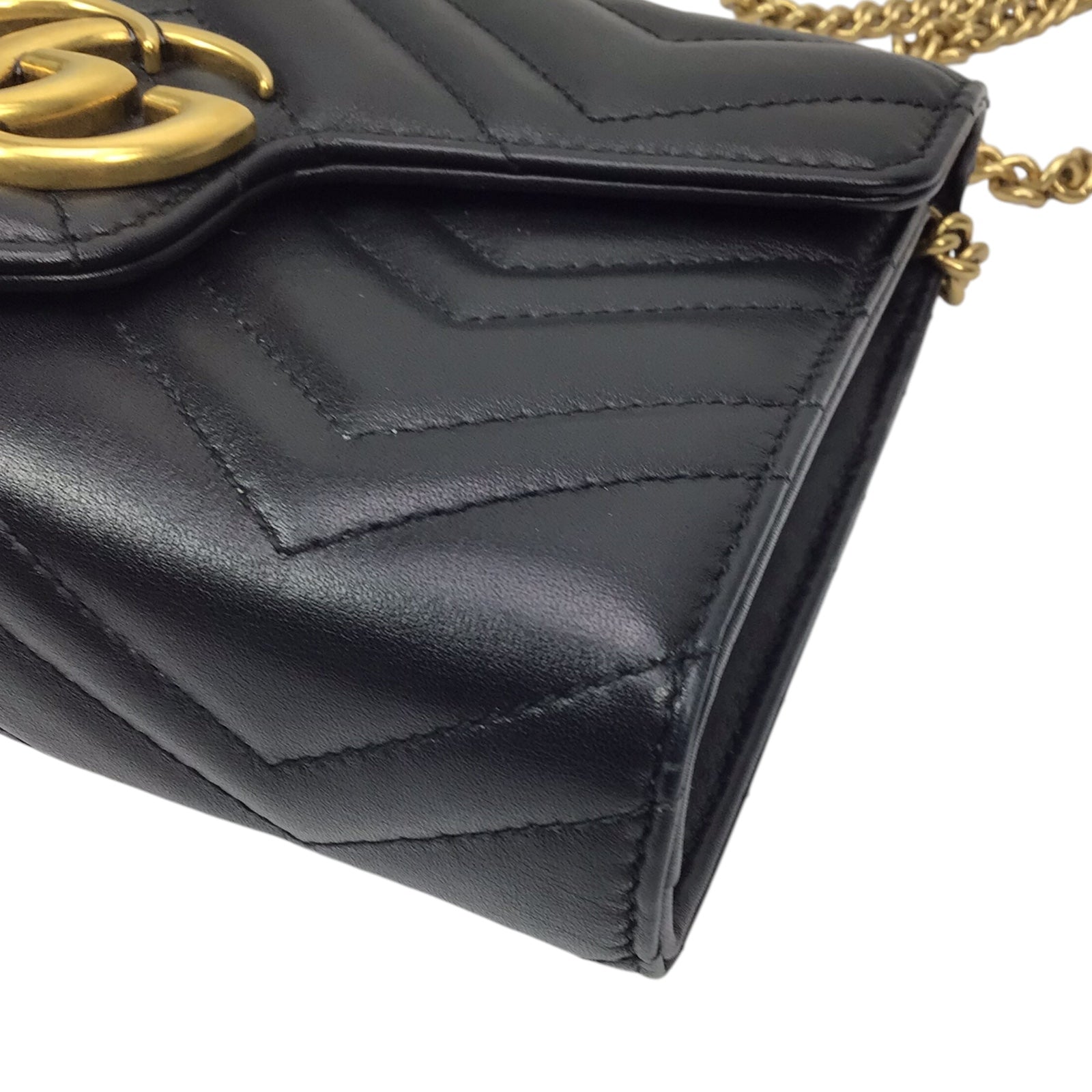 Gucci GG Marmont Black Quilted Chain Wallet w/Gold Hardware