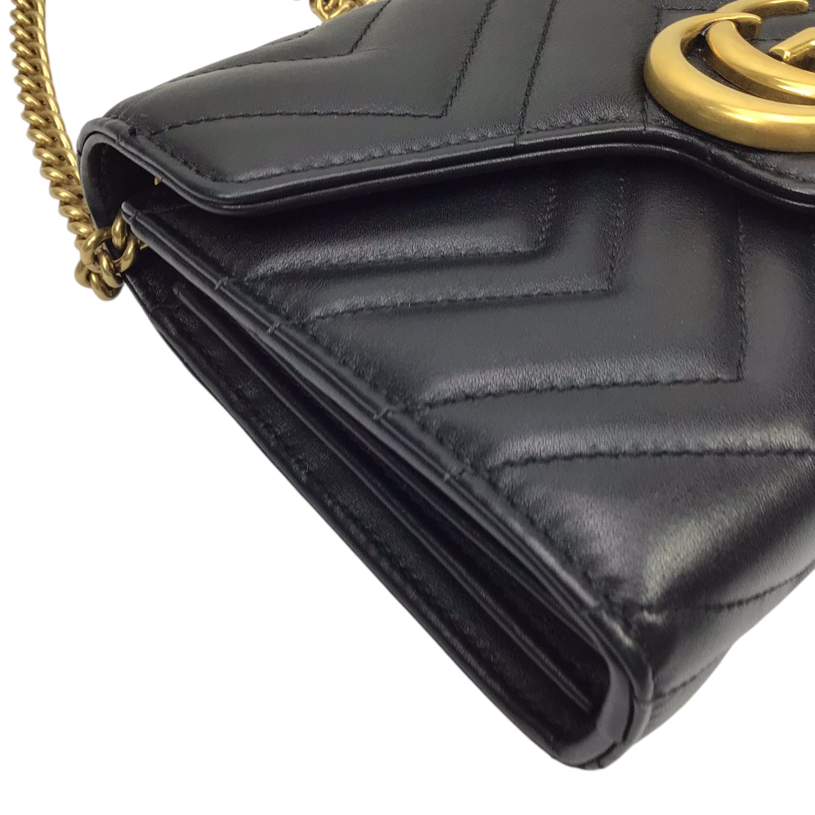 Gucci GG Marmont Black Quilted Chain Wallet w/Gold Hardware