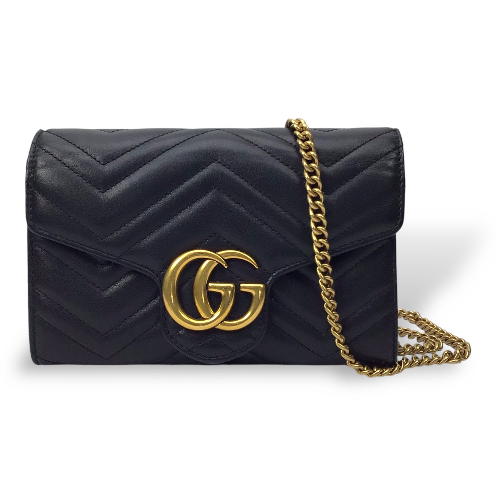 Gucci GG Marmont Black Quilted Chain Wallet w/Gold Hardware