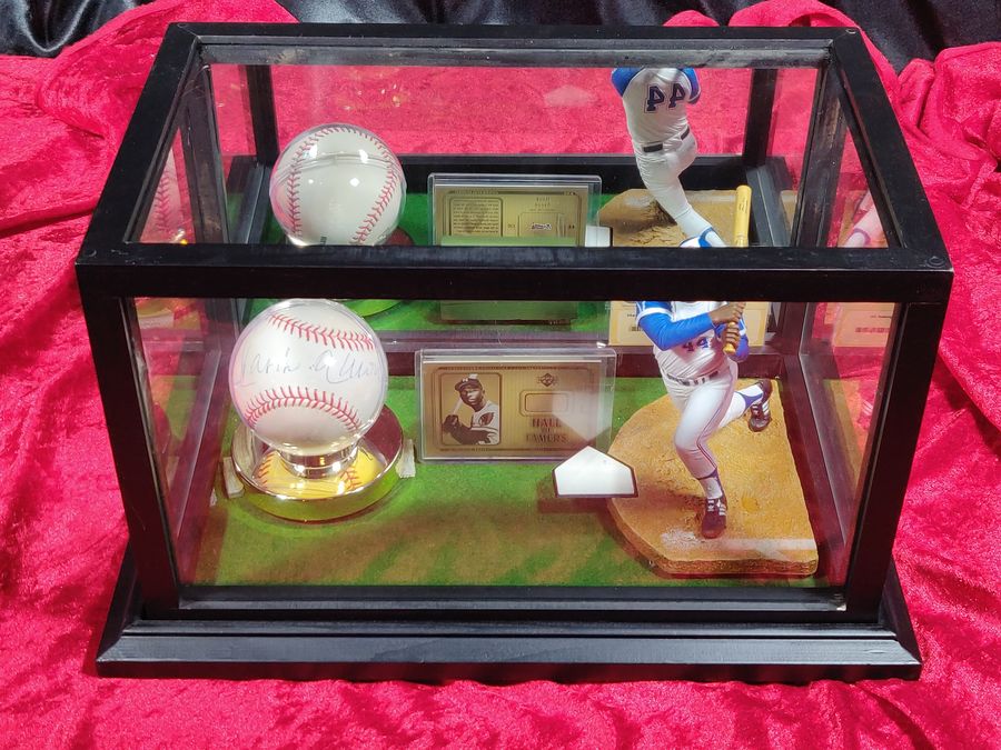 Hank Aaron Shadowbox w/ Signed Baseball, Card, & McFarlane Figure