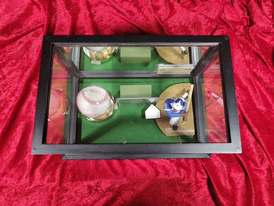 Hank Aaron Shadowbox w/ Signed Baseball, Card, & McFarlane Figure