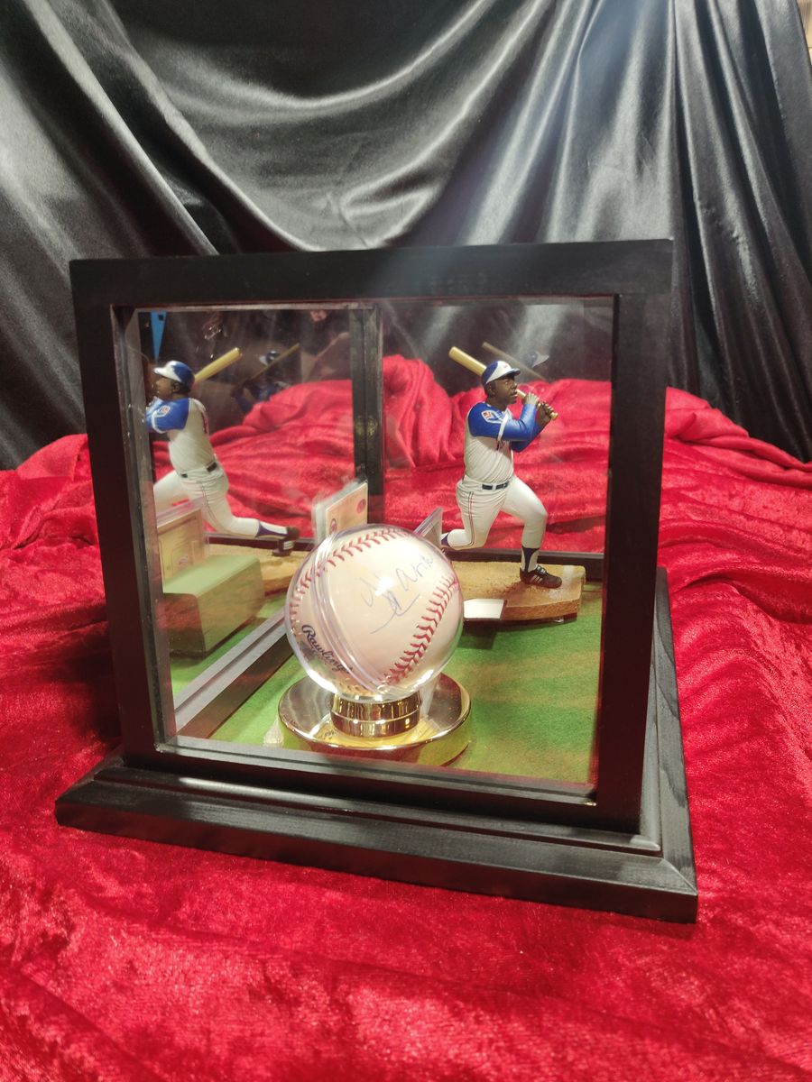 Hank Aaron Shadowbox w/ Signed Baseball, Card, & McFarlane Figure