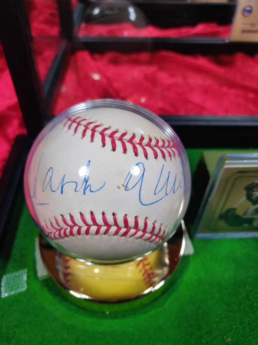Hank Aaron Shadowbox w/ Signed Baseball, Card, & McFarlane Figure