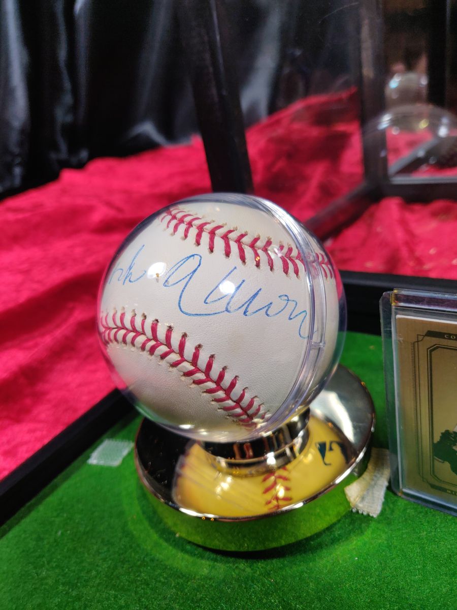 Hank Aaron Shadowbox w/ Signed Baseball, Card, & McFarlane Figure