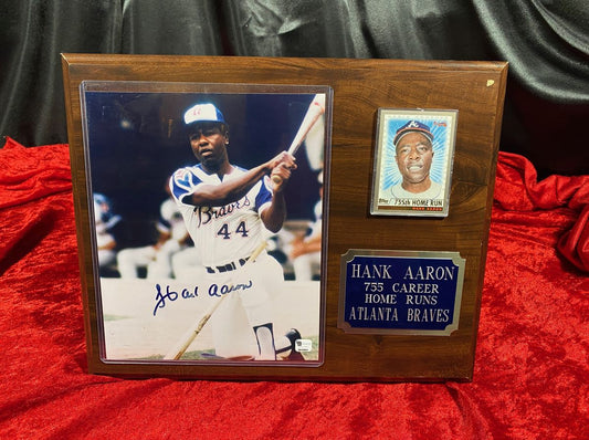 Hank Aaron Signed 8x10 Photo & Card on Plaque, GA Global COA