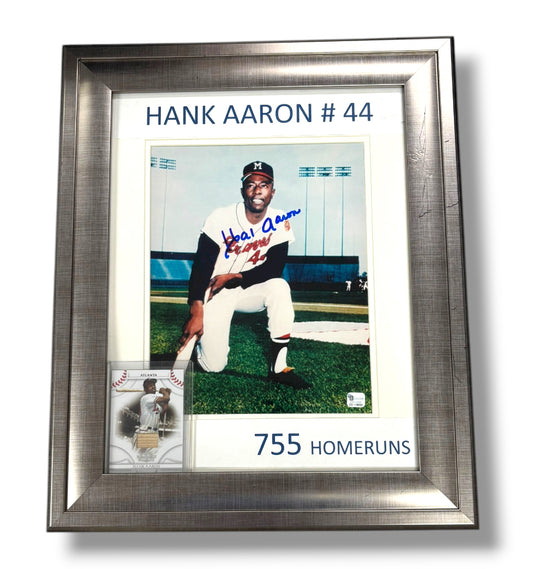 Hank Aaron Signed Silver Framed 8x10 Photo with Relic Bat Card #199/500 w/ GV Cert.