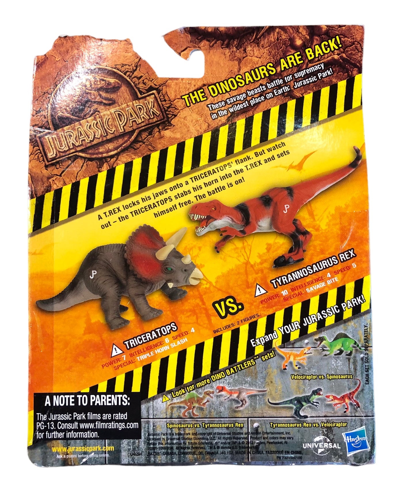 Hasbro 2012 Jurassic Park Dino Battlers Triceratops vs Tyrannosaurus Rex Action Figures