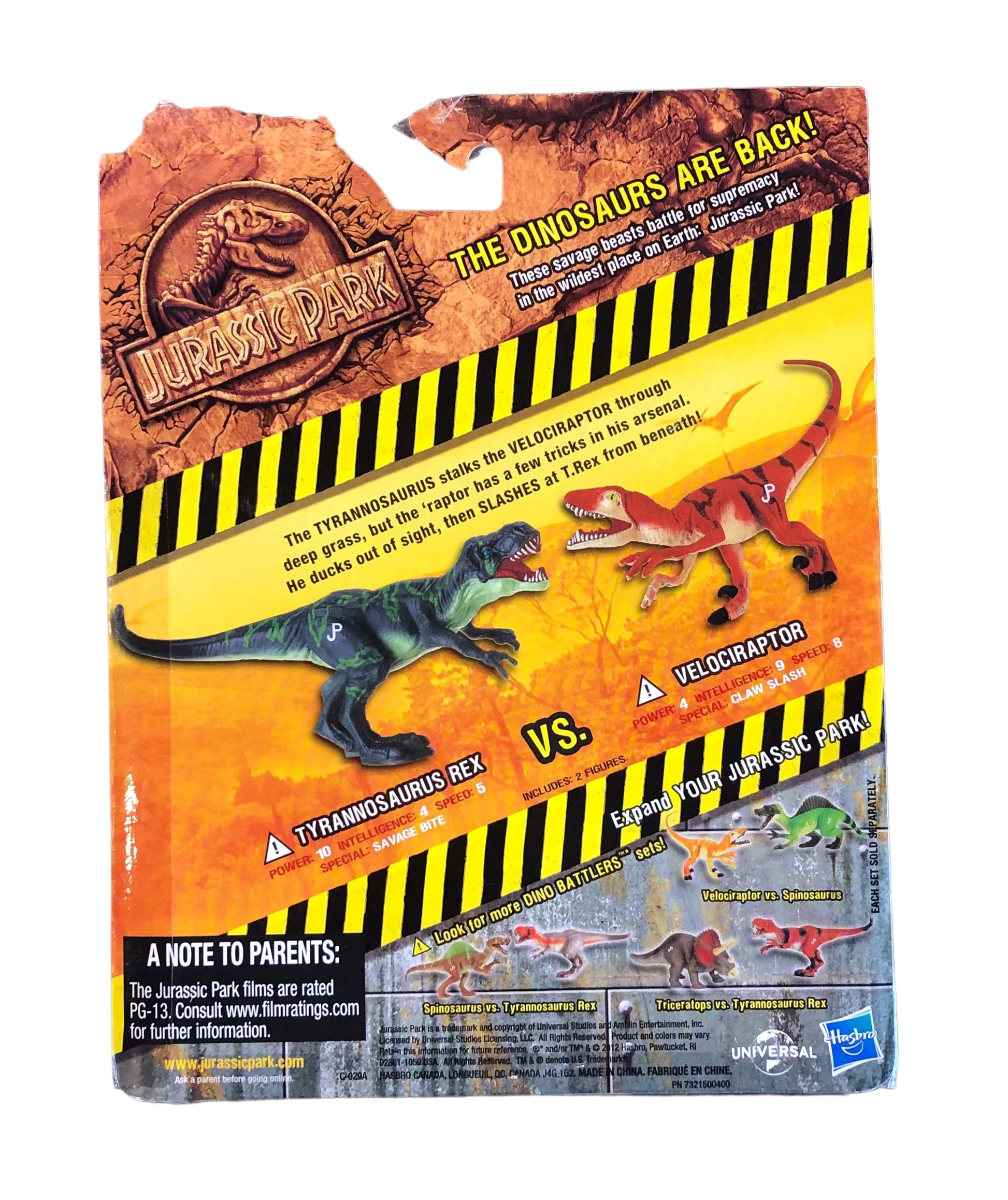 Hasbro 2012 Jurassic Park Dino Battlers Velociraptor vs Tyrannosaurus Rex Action Figures