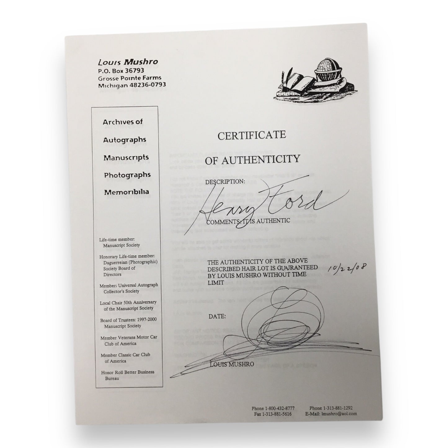 Henry Ford Hair Clipping with Certificate of Authenticity