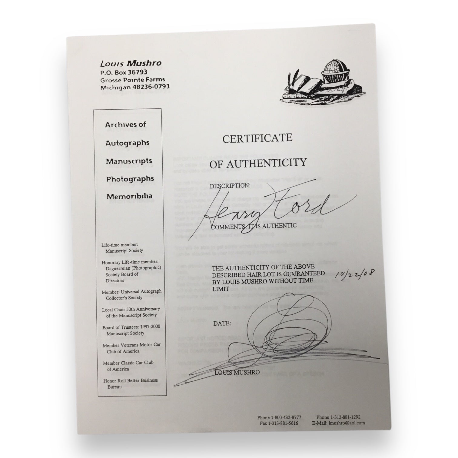 Henry Ford Hair Clipping with Certificate of Authenticity