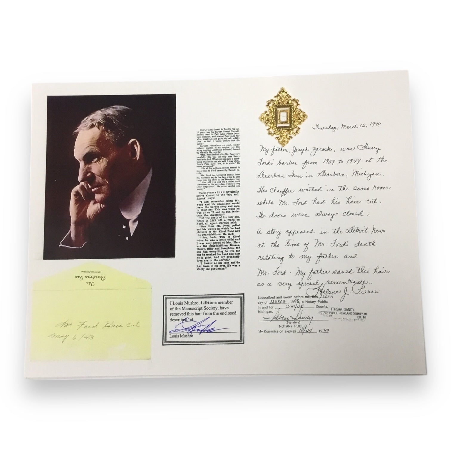 Henry Ford Hair Clipping with Certificate of Authenticity