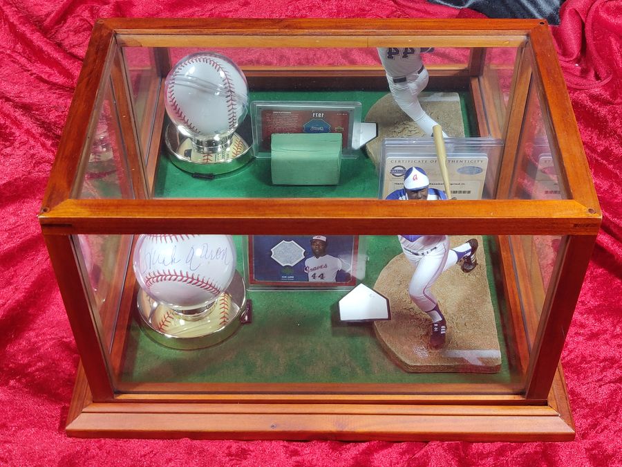 Henry Hank Aaron Shadowbox w/ Signed Baseball, Card, and Figure