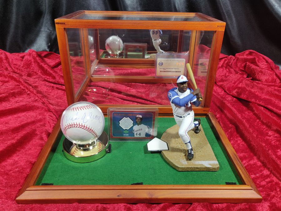 Henry Hank Aaron Shadowbox w/ Signed Baseball, Card, and Figure