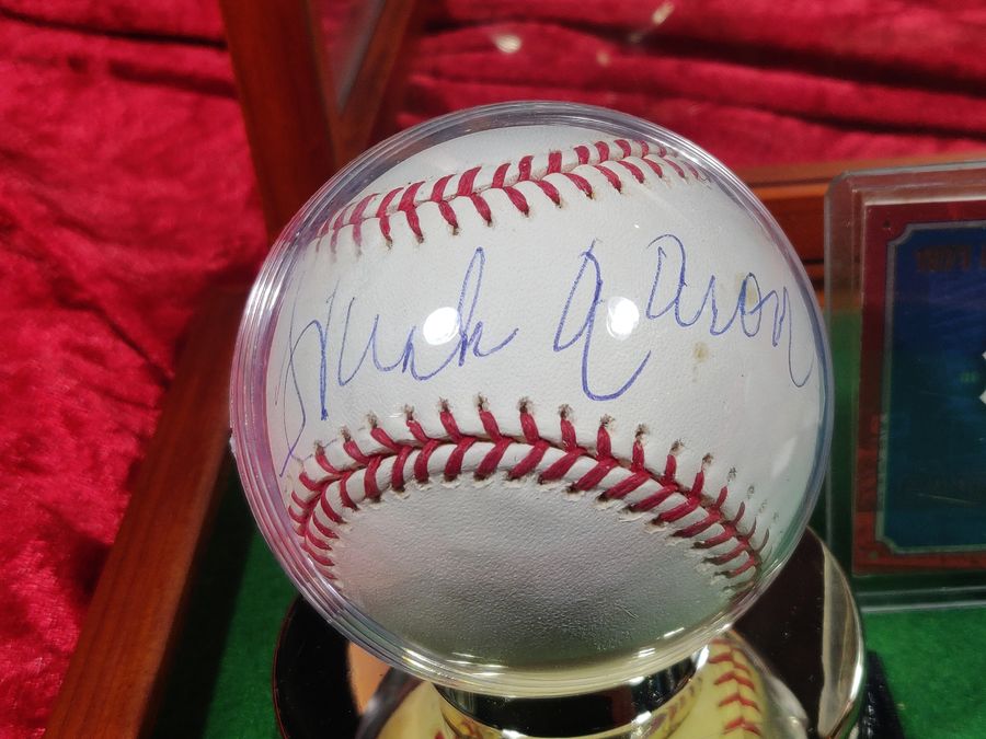 Henry Hank Aaron Shadowbox w/ Signed Baseball, Card, and Figure
