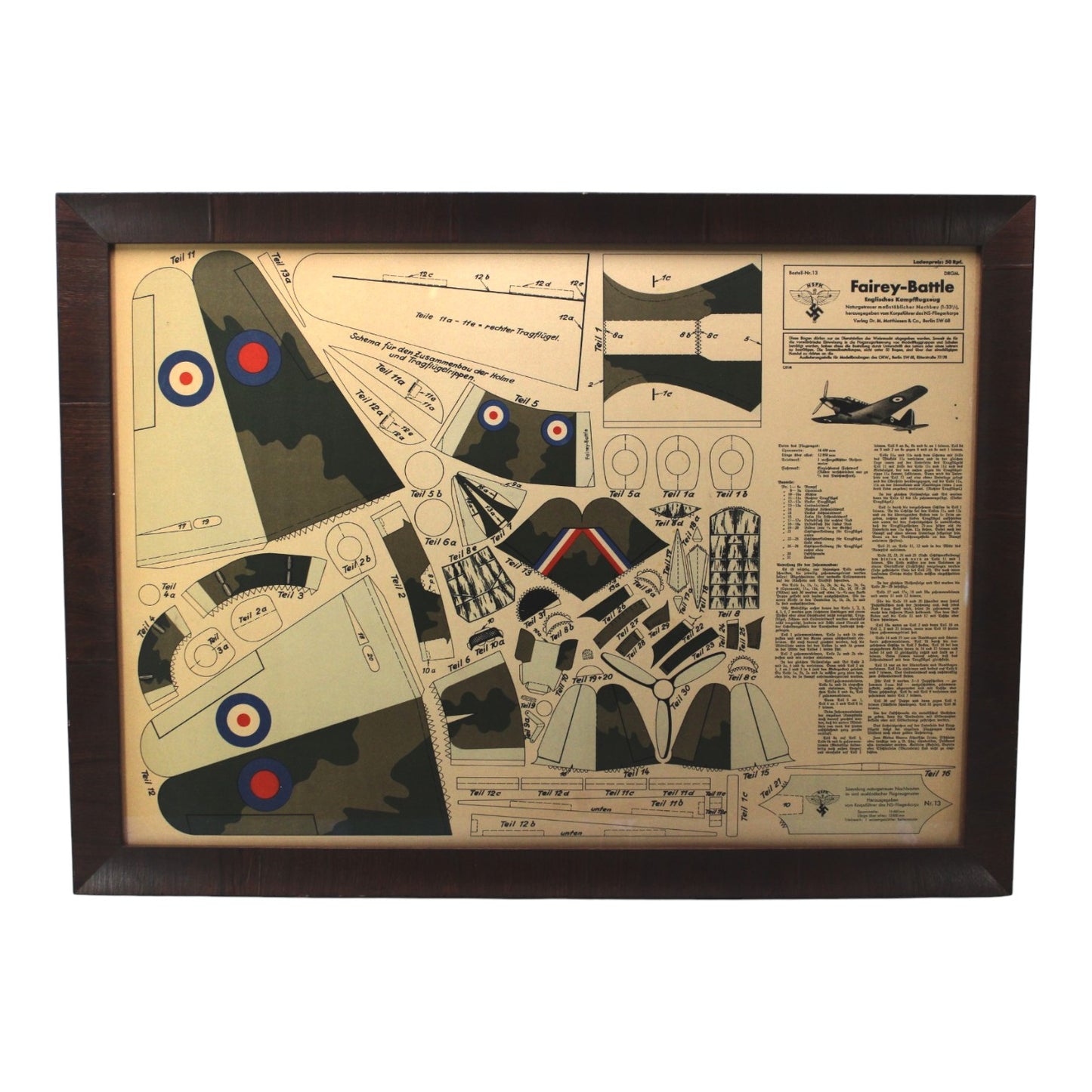 WW II German Air Force NSFK early Luftwaffe Aircraft Paper Model Kit of a British Fairey-Battle - RARE! – professionally framed and matted.